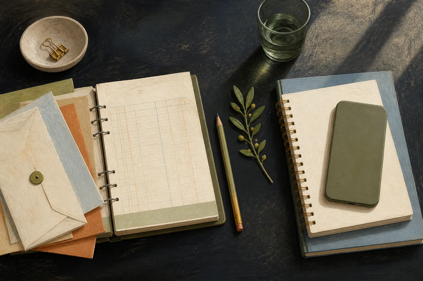 An overhead still life comparing paper envelope budgeting with a modern phone and notebook