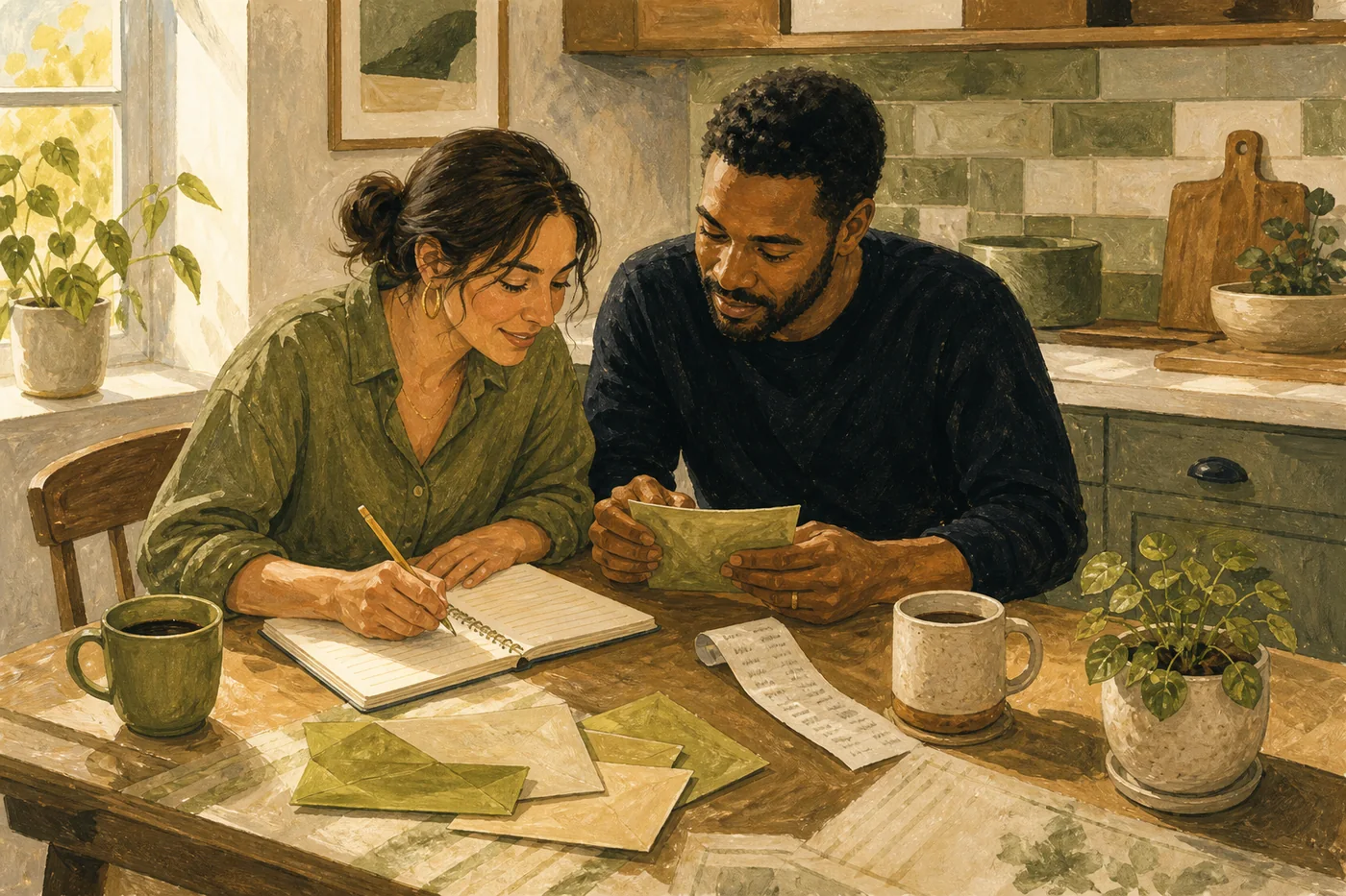 A couple having a relaxed budget check-in at their kitchen table with envelopes, mugs, and a notebook