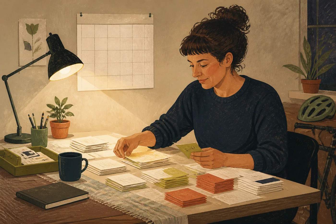A freelancer at an evening desk sorting uneven income papers into organized budget piles